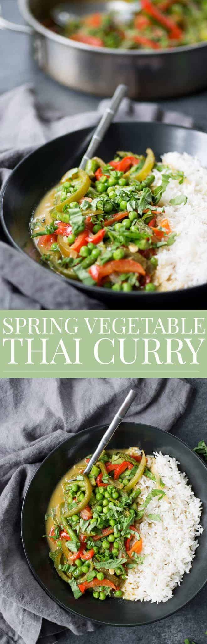 Spring Vegetable Thai Green Curry! This curry is packed with flavor and tons of vegetables. Quick green curry sauce with peppers, asparagus and peas. Vegan and Gluten-Free | www.delishknowledge.com