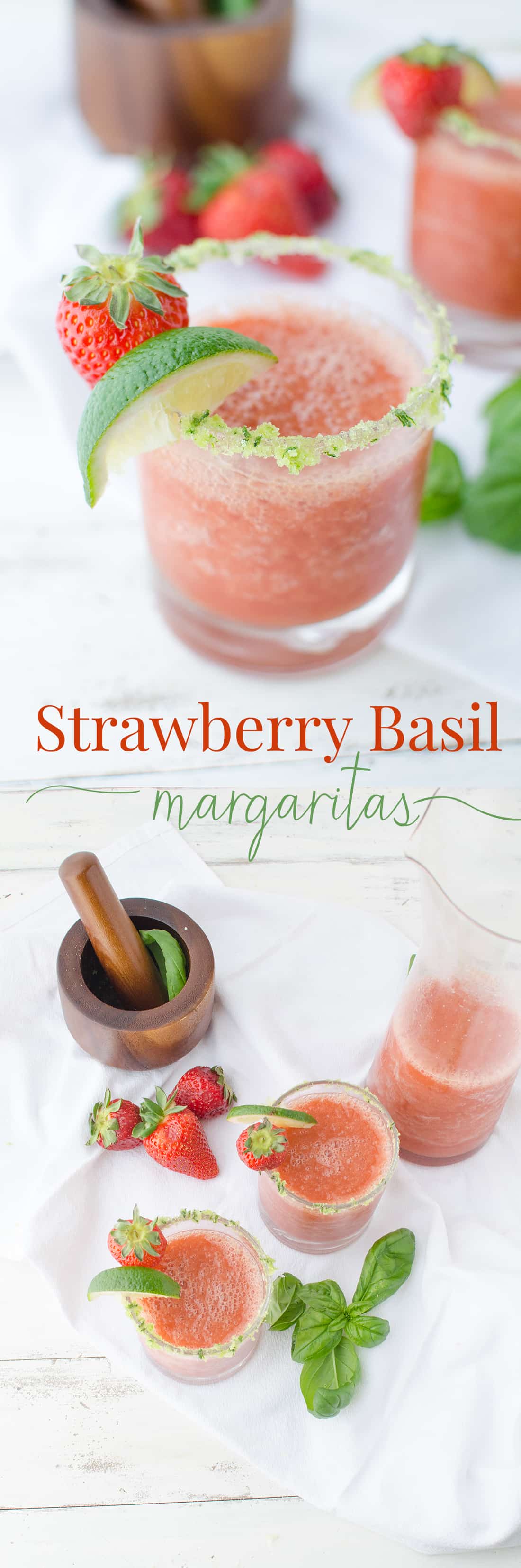 Frozen Strawberry Basil Margaritas With Basil-Salt Rim