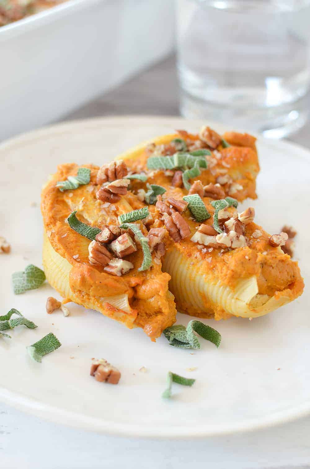 Vegan Stuffed Shells With Pumpkin Cream Sauce! Tofu Ricotta Stuffed Into Jumbo Shells And Baked In A Creamy Pumpkin Sauce. Showstopper Dinner For The Holidays! | Www.delishknowledge.com