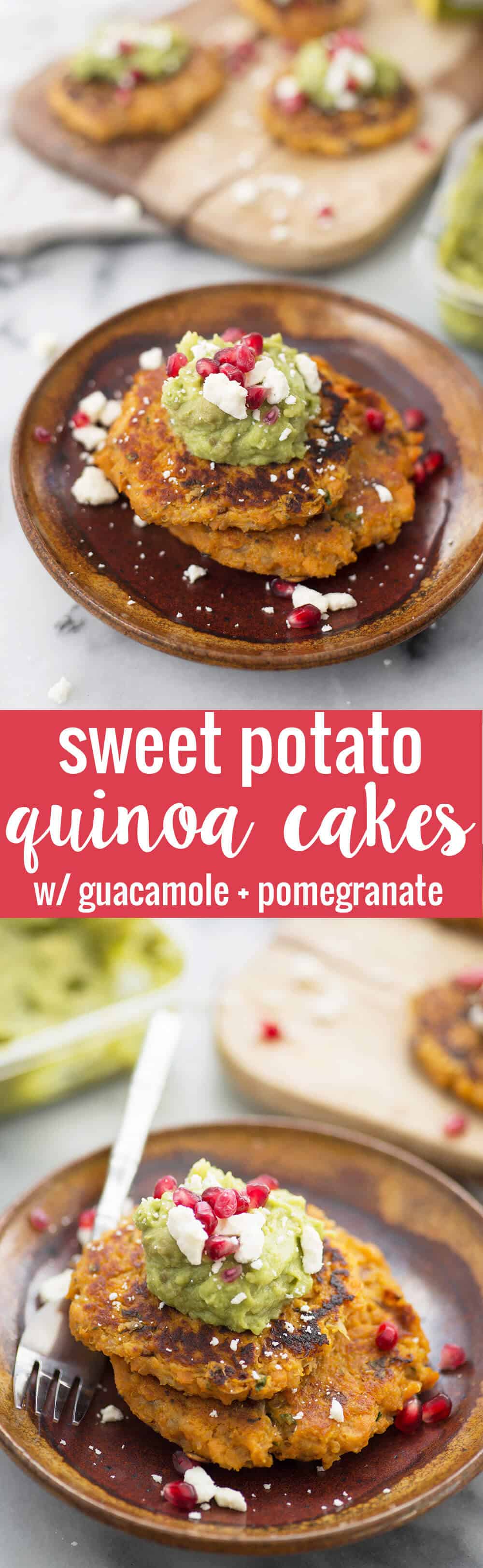 Sweet Potato Quinoa Cakes with Pomegranate Guacamole! A flavorful side dish for the holidays. Savory potato cakes with guacamole, feta and pomegranate. 