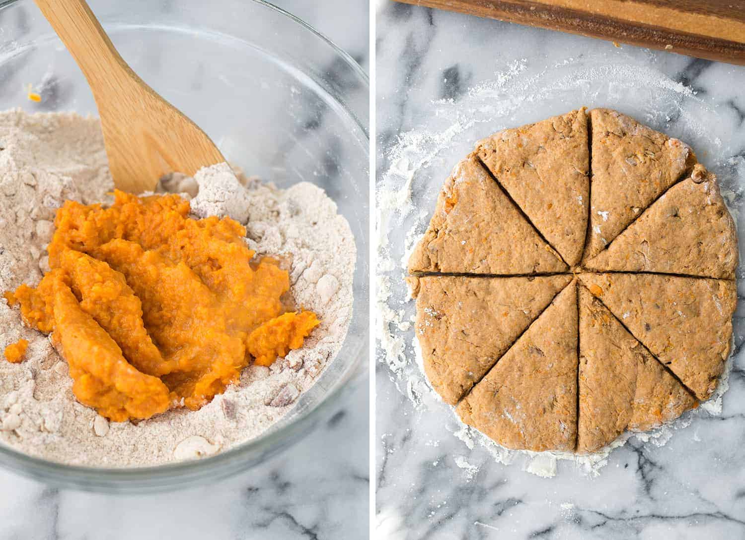 Sweet Potato Pecan Scones With Maple Frosting! You Are Going To Love These Healthy, Vegan Scones! Packed With Sweet Potato Puree, Whole Wheat-Flour And Pecans. Drizzled With Maple Frosting And Covered With More Pecans. | Www.delishknowledge.com 