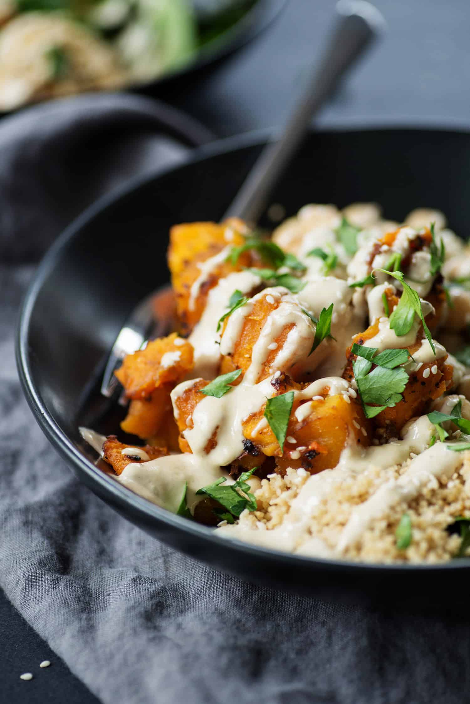 Butternut Squash Tahini Buddha Bowls! Roasted Squash, Spinach, Couscous, Beans And Homemade Goddess Dressing. Vegan. | Www.delishknowledge.com