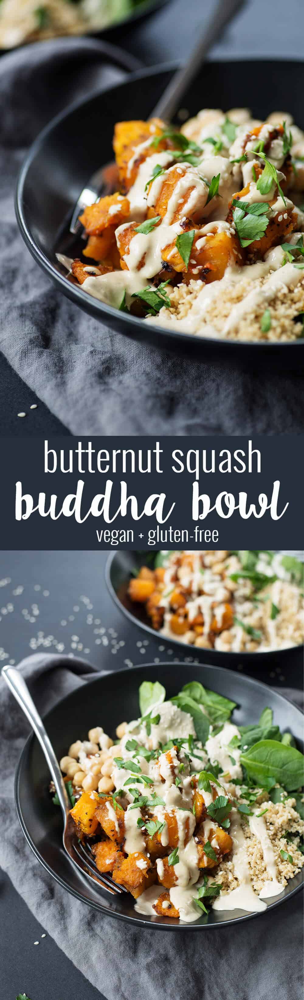 Butternut Squash Tahini Buddha Bowls! You are going to love these healthy, plant-based bowls. Roasted squash, spinach, couscous, beans and homemade goddess dressing. Vegan.