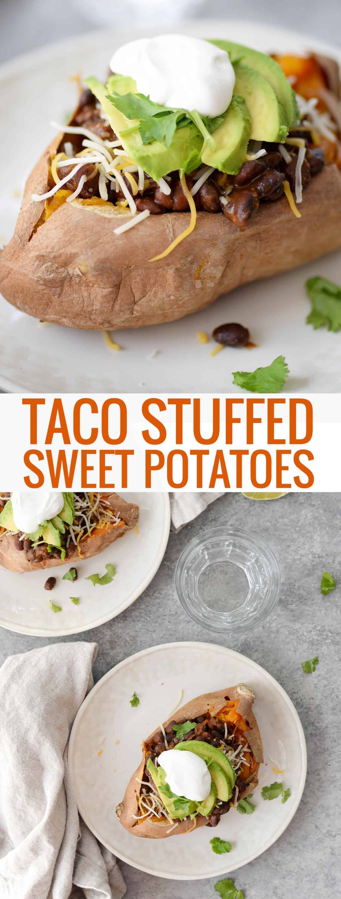 Taco Stuffed Sweet Potatoes! If you are looking for a quick and healthy vegetarian dinner, this is it. Sweet potatoes stuffed with a spicy black bean filling, cheese, avocado, cilantro and your favorite toppings. Gluten-free | www.delishknowledge.com