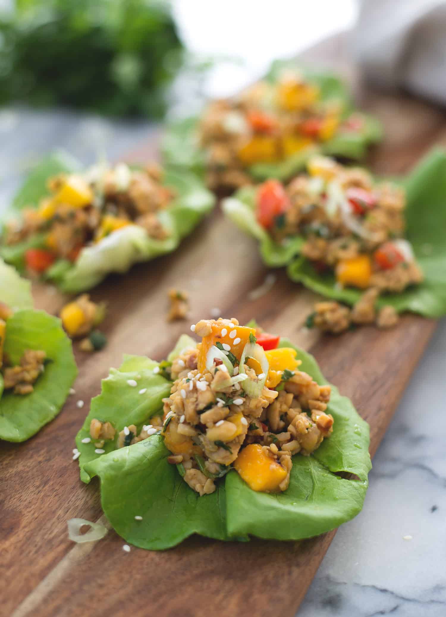 Tempeh Mango Lettuce Wraps! Spicy ground tempeh with peppers and mango, stuffed into butter lettuce cups. Vegan & Gluten-Free | www.delishknowledge.com