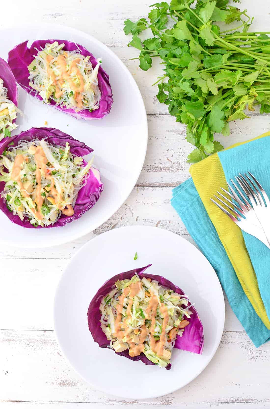 Thai Red Cabbage Wraps! Vermicelli And Napa Cabbage Slaw Tucked Into Red Cabbage Cups And Topped With Ginger-Peanut Sauce. | Www.delishknowledge.com