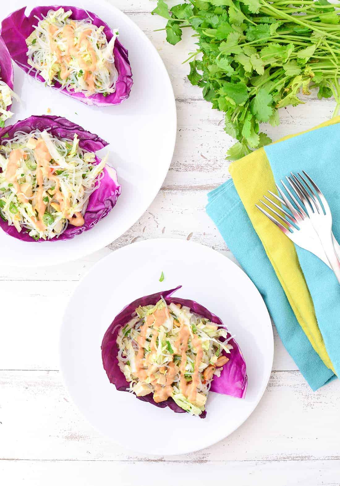 Thai Red Cabbage Wraps! Vermicelli And Napa Cabbage Slaw Tucked Into Red Cabbage Cups And Topped With Ginger-Peanut Sauce. | Www.delishknowledge.com