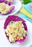 Thai Red Cabbage Wraps! Vermicelli and Napa Cabbage Slaw tucked into red cabbage cups and topped with ginger-peanut sauce. | www.delishknowledge.com