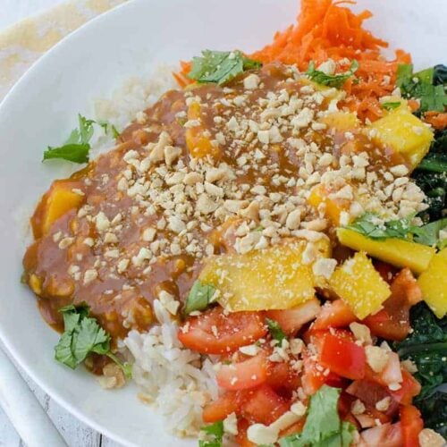 Vegan And Gluten Free Thai Curry Bowls! Layers Of Rice, Mango, Kale, Carrots, Peppers And The Best Red Curry Thai Sauce! | Www.delishknowledge.com