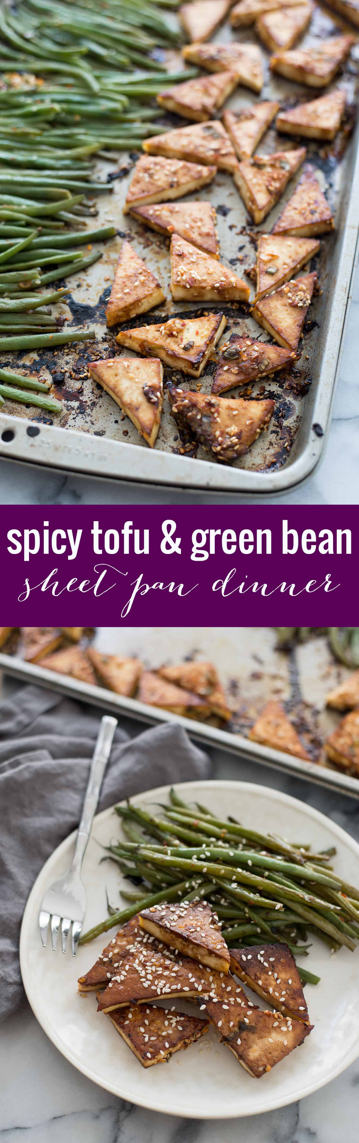 Sheet Pan Spicy Tofu and Green Beans! You are going to love this one pan meal. Spicy tofu with crispy green beans. Vegan and Gluten-Free, a must-make! | www.delishknowledge.com