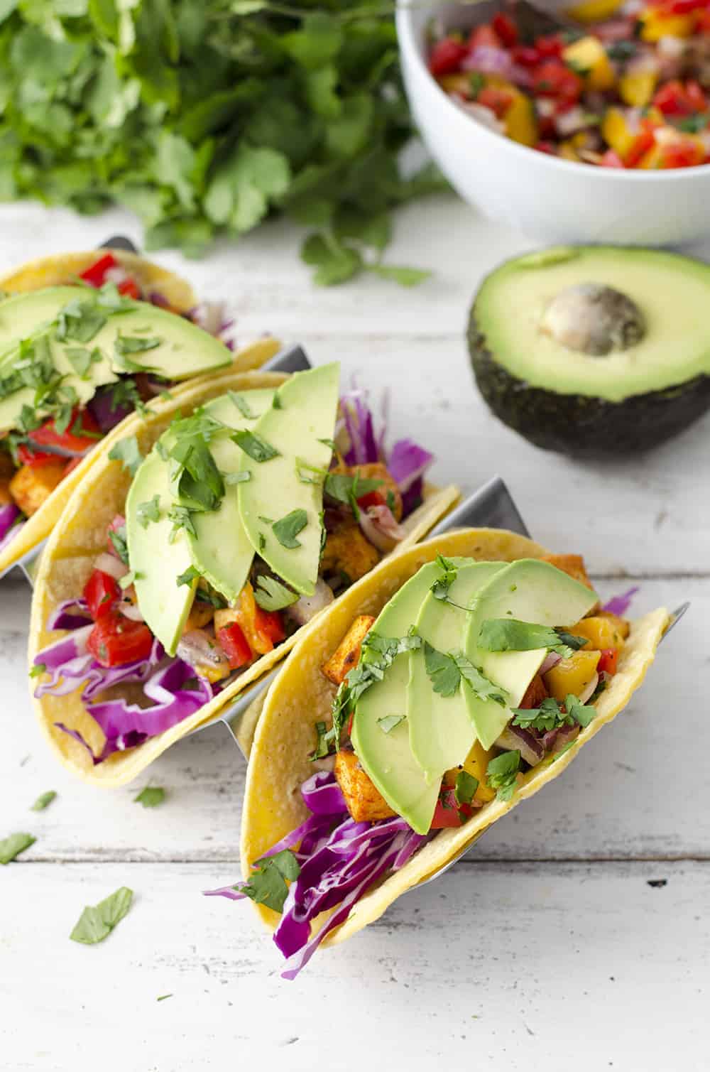 Tropical Tofu Tacos With Mango Salsa! Jerk Seasoned Tofu With Quick Mango Salsa, Shredded Cabbage And Sliced Avocado. | Www.delishknowledge.com