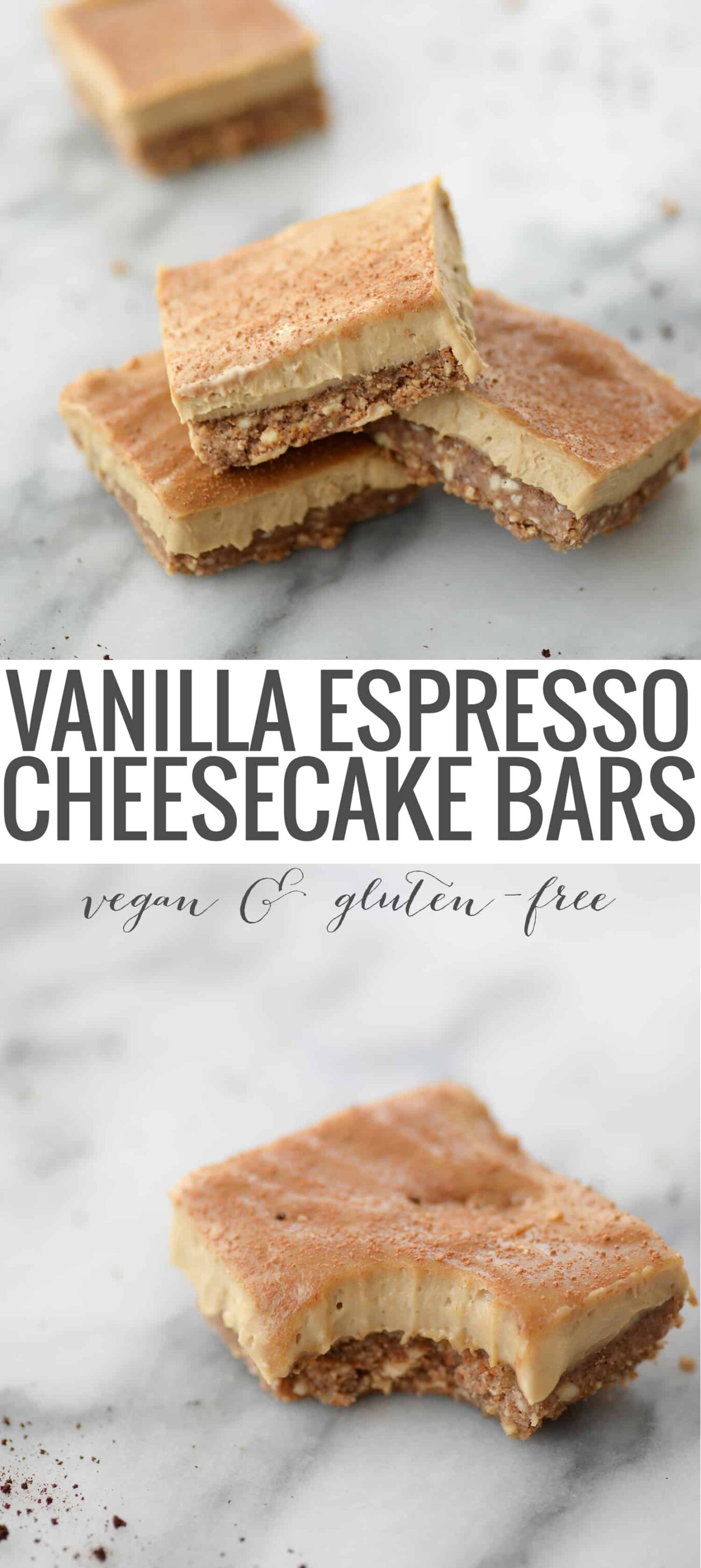 Vegan Espresso Cheesecake Bars! You will LOVE these creamy, dairy-free cheesecake bars. An almond and walnut crust topped with a creamy espresso vanilla cheesecake filling. A must-make for the holidays! | www.delishknowledge.com
