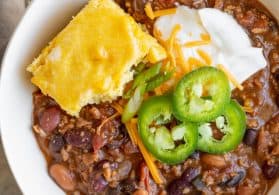 tvp chili with cornbread and jalapeno peppers