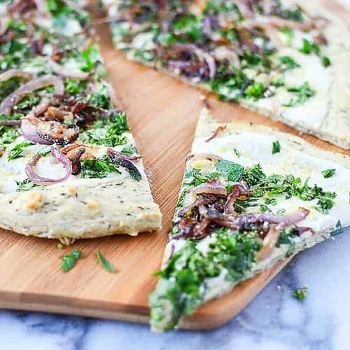 Vegan Garlic Herb White Pizza 8 The Best Dairy-Free Pizza! Herb And Garlic Crust Topped With Creamy White Sauce, Caramelized Onions, Fresh Herbs And Vegan Parm Sprinkle.