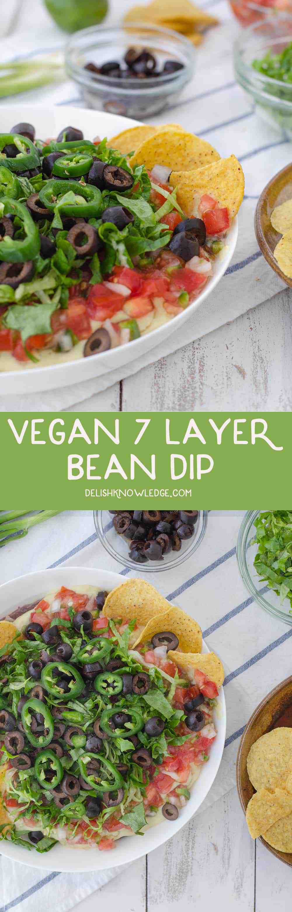 Vegan Mexican 7 Layer Dip! Refried black beans,quick vegan cheese sauce, guacamole, homemade pico de gallo, shredded lettuce, olives, and peppers! A must make for a healthy superbowl! | www.delishknowledge.com