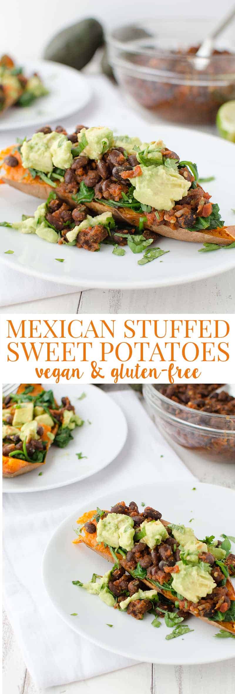 Mexican Stuffed Sweet Potatoes! Baked Potatoes Stuffed With Spinach, Spicy Black Beans, Avocado And Cilantro. This Meal Is So Filling And Packed With Nutrition! Gluten Free And Vegan! | Www.delishknowledge.com