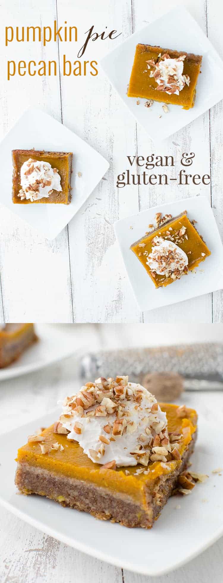 Vegan and Gluten-Free Pumpkin Pie Pecan Bars! Now you don't have to choose between pies! This dessert is the BEST- a must for Thanksgiving. Topped with Cinnamon-Vanilla Coconut Cream. | www.delishknowledge.com