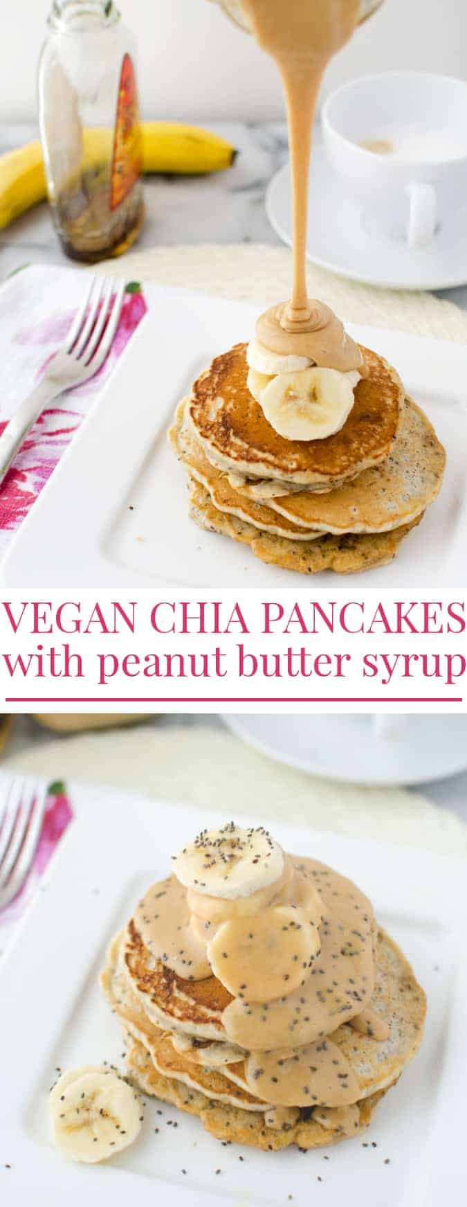 Vegan chia pancakes topped with velvety, decadent maple-peanut butter syrup and fresh sliced bananas! | www.delishknowledge.com