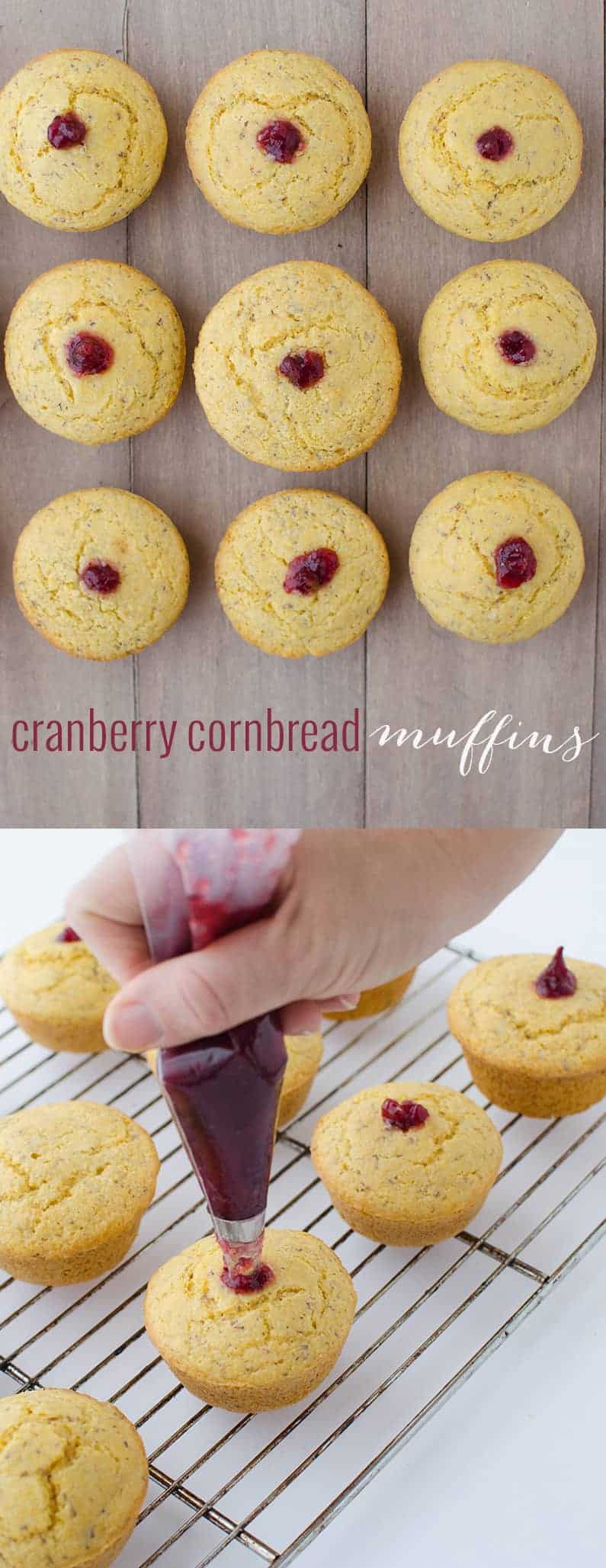 Cranberry Corn Muffins! Two Thanksgiving muffins in one! Vegan corn muffins stuffed with cranberry jam. | www.delishknowledge.com