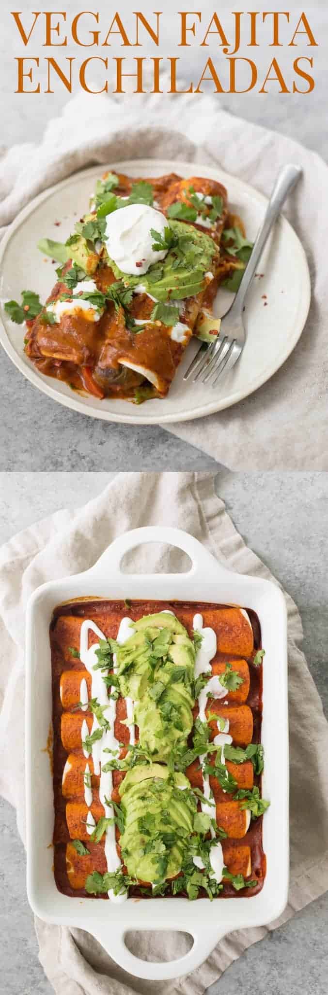 Veggie Fajita Enchiladas! These enchiladas are perfect for Cinco de Mayo. Roasted peppers, onions and beans covered in a homemade enchilada sauce and avocado. | www.delishknowledge.com
