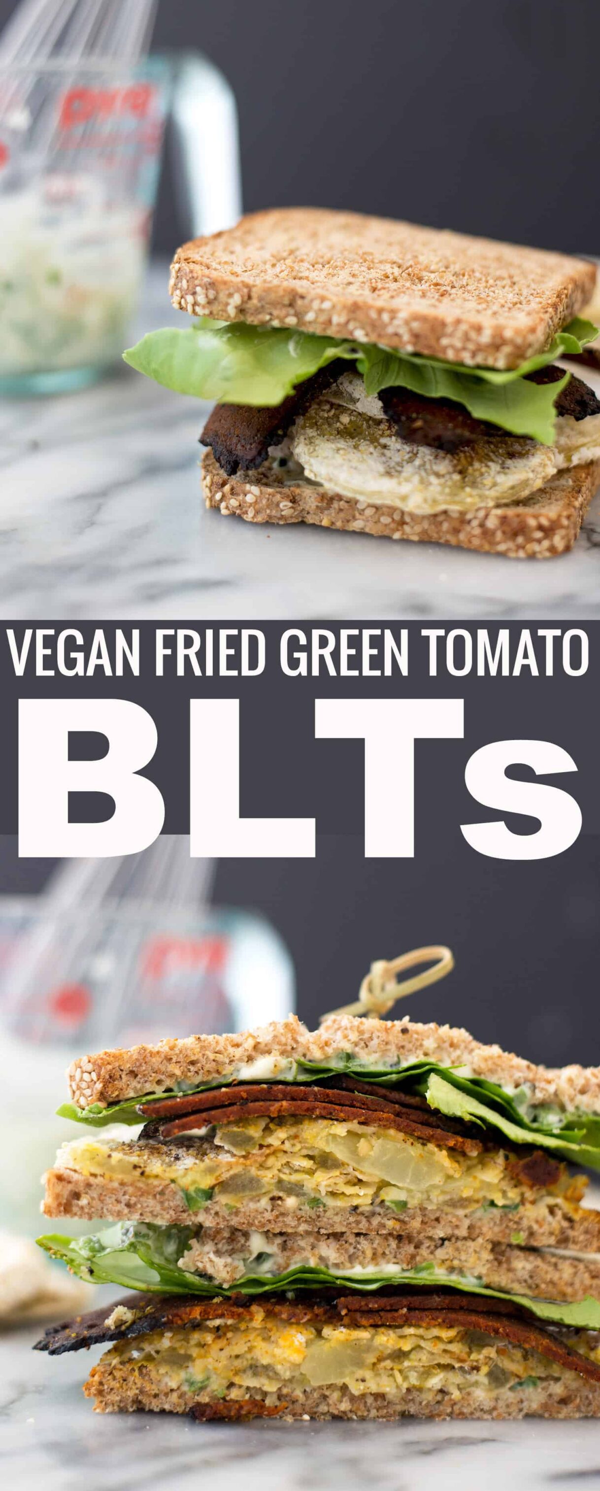 Fried Green Tomato Vegan BLTs! Crispy, faux-fried green tomatoes with vegan bacon and jalapeno-lime spread. | www.delishknowledge.com
