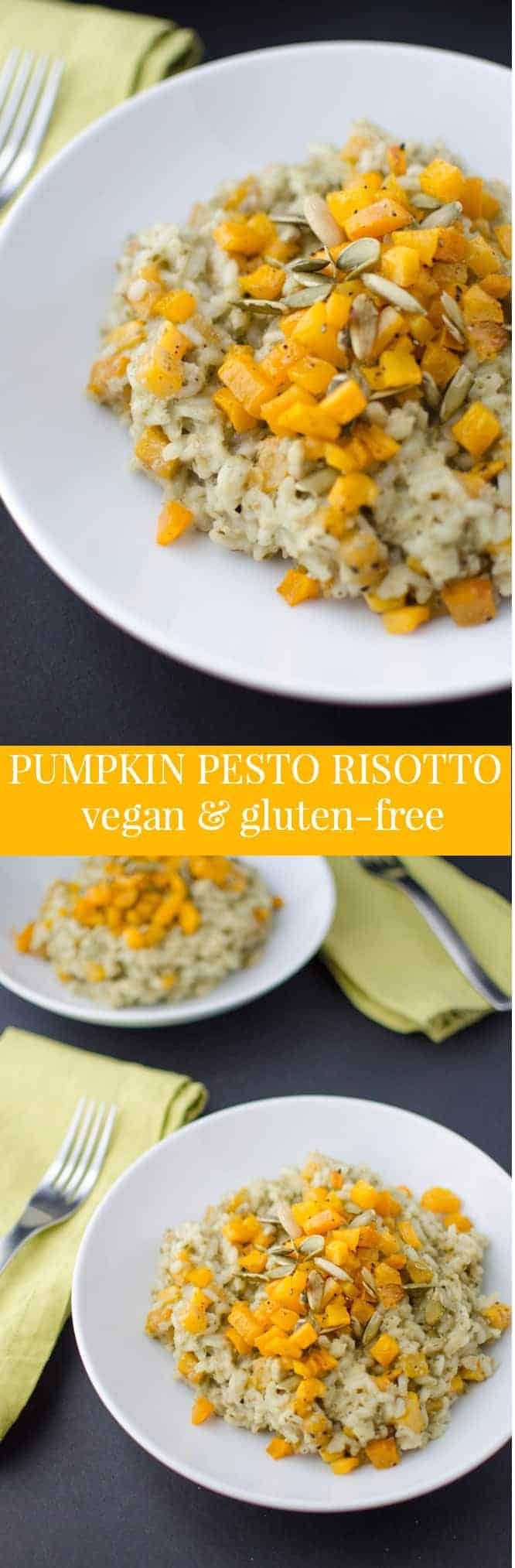 Pumpkin Pesto Risotto! Vegan and Gluten-Free, the perfect dinner for Fall. Creamy risotto with homemade pumpkin pesto and roasted butternut squash. A must-make. | www.delishknowledge.com