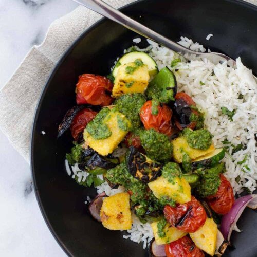 Vegan Polenta Kebobs With Chimichurri Sauce! Perfect For Cookouts This Summer! Served With Herbed Rice, This Vegan And Glutenfree Dish Is A Must Make. | Delishknowledge.com