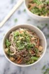 Vegan Sesame Noodle Bowl! Soba noodles covered in a ginger-sesame sauce with lots of vegetables and crispy tofu! Vegan | www.delishknowledge.com