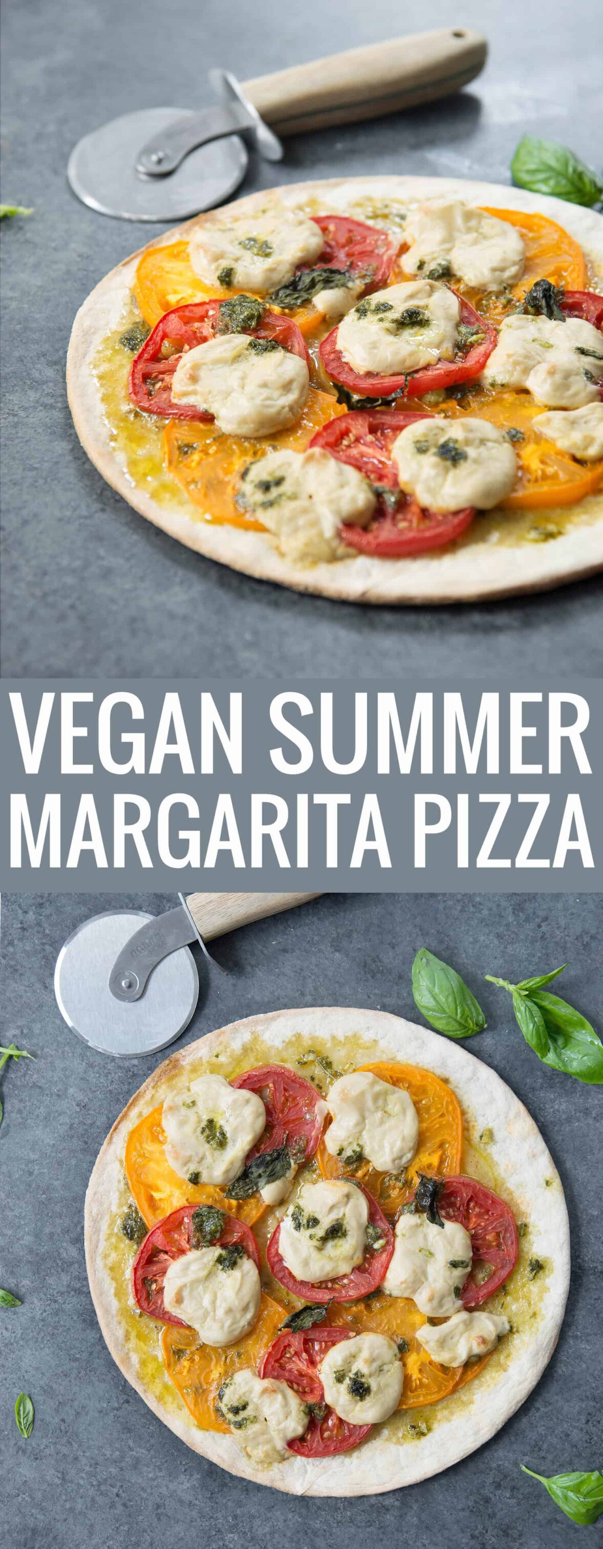 Vegan Pizza! Fresh margherita pizza with cashew mozzerella cheese, heirloom tomatoes and fresh basil. | www.delishknowledge.com