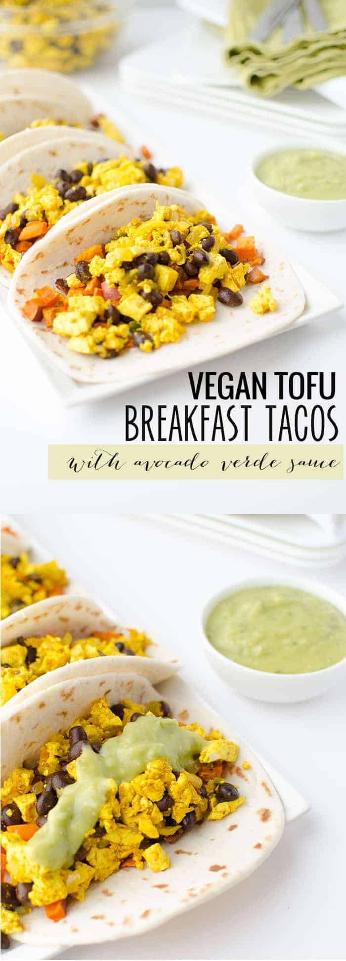 Vegan breakfast tacos! High protein and full of fiber: pepper scramble, roasted sweet potatoes and avocado-verde sauce