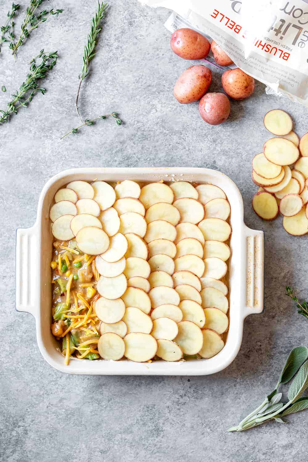 vegetarian pot pie with scalloped potato crust 