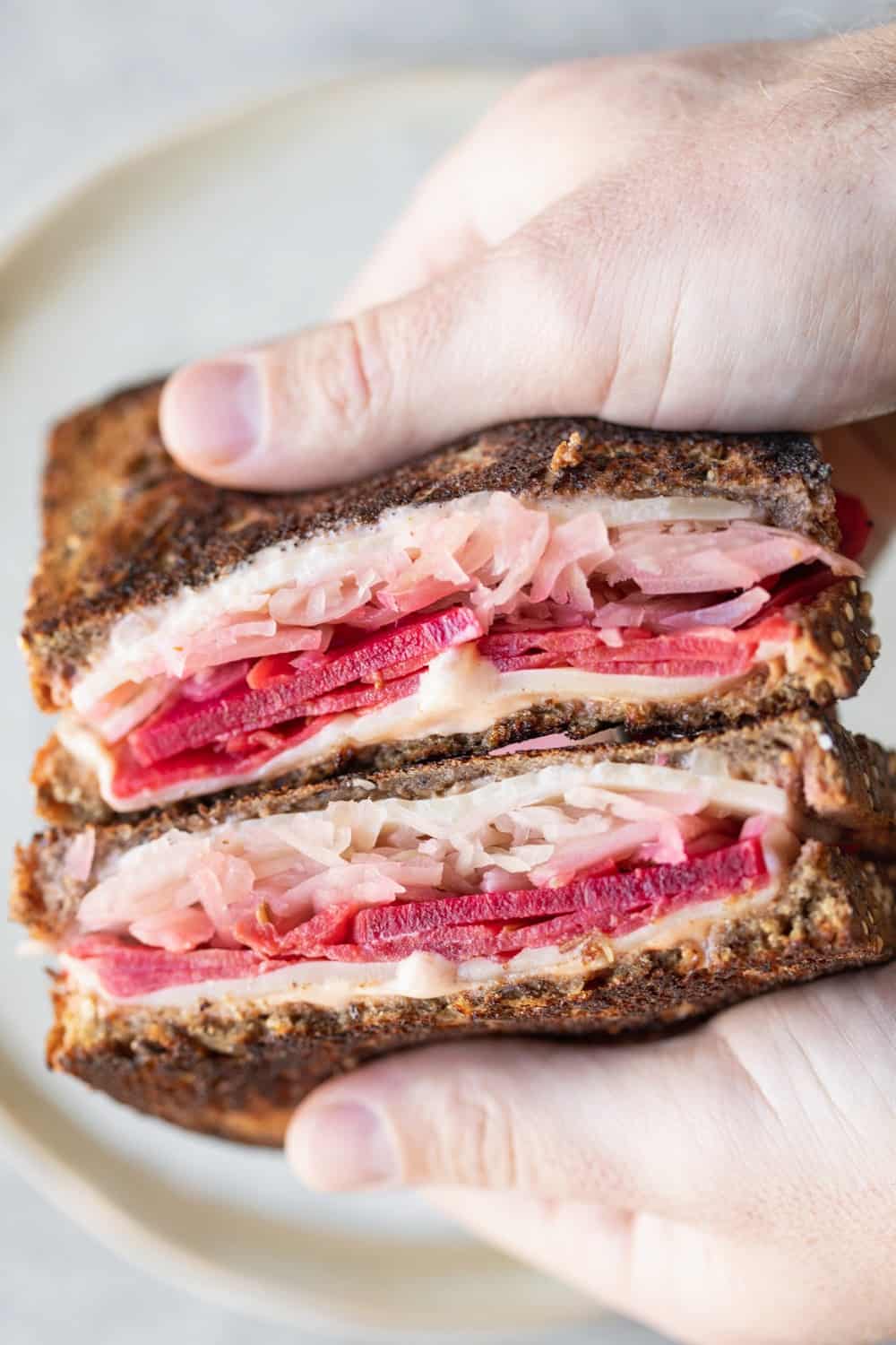 Finished Vegetarian Reuben Sandwich, Sliced In Half 