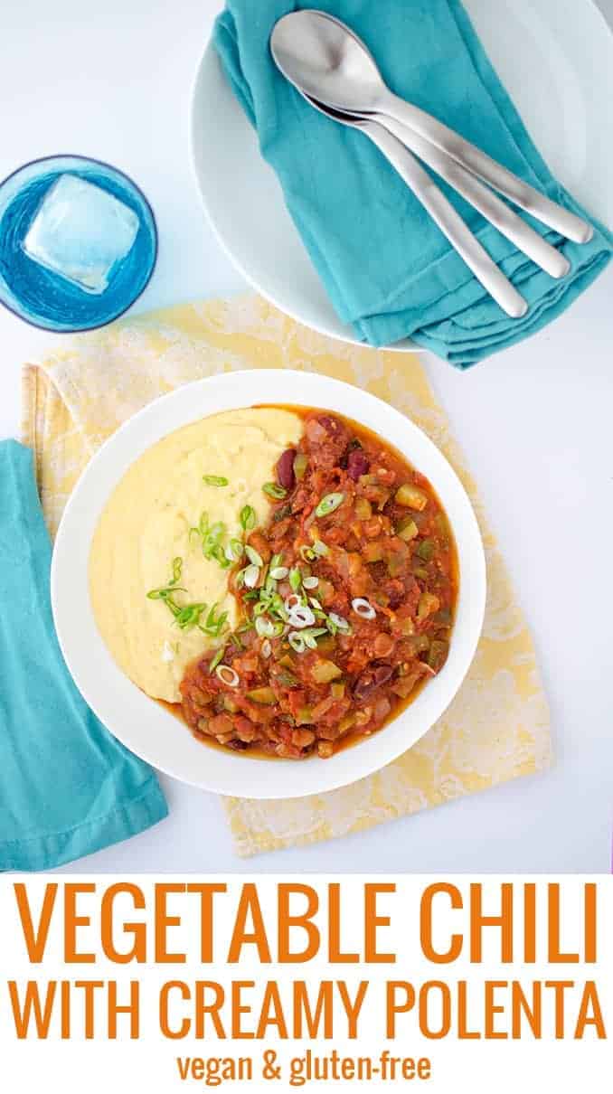 A healthy take on chili and cornbread! Perfectly spiced vegetarian chili over creamy polenta. Vegan & Glutenfree from delishknowledge.com