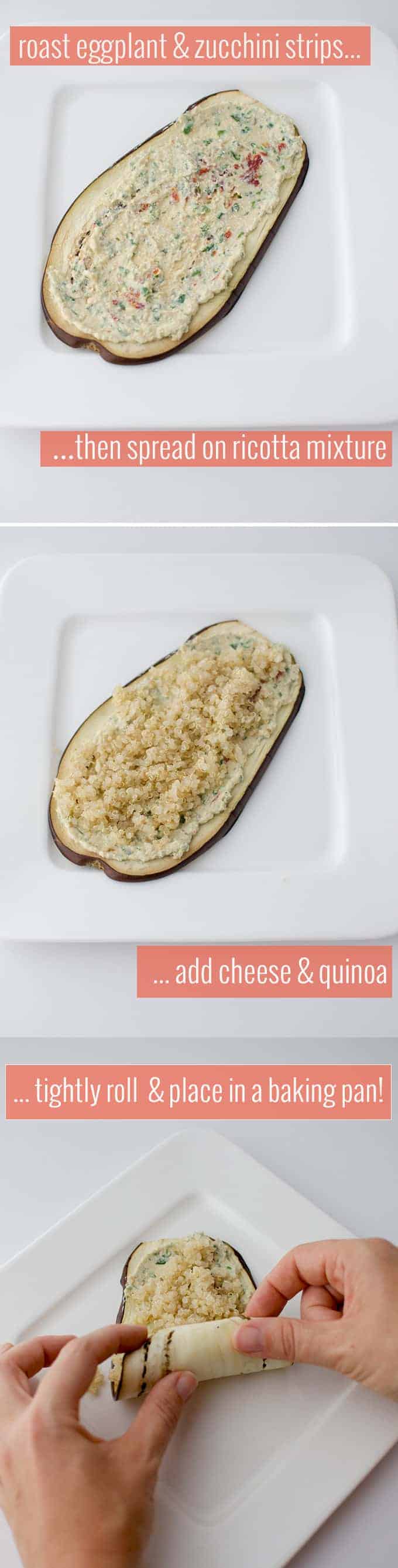 Finally! A healthy lasagna! Lasagna sans noodles! Slices of roasted zucchini and eggplant stuffed with herbed ricotta cheese & quinoa! Gluten-free and can be made either vegan or vegetarian!
