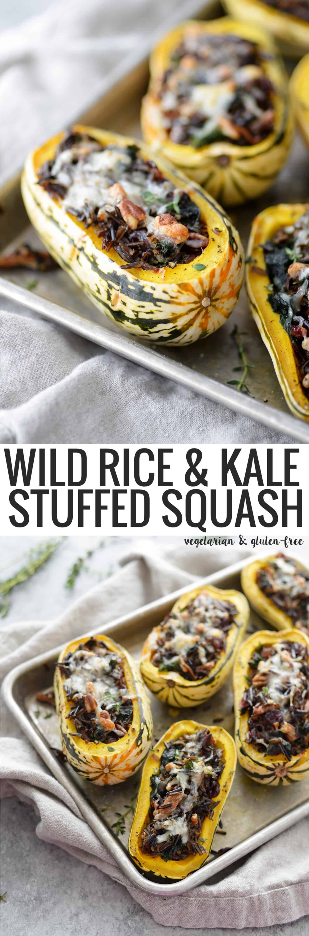 Wild Rice, Kale and Cranberry Stuffed Delicata Squash. The perfect vegetarian main dish for thanksgiving. Roasted Squash stuffed with wild rice, kale, pecans, cranberries and topped with cheese. Gluten-free | #thanksgiving #glutenfree #squash #healthy #vegetarian www.delishknowledge.com