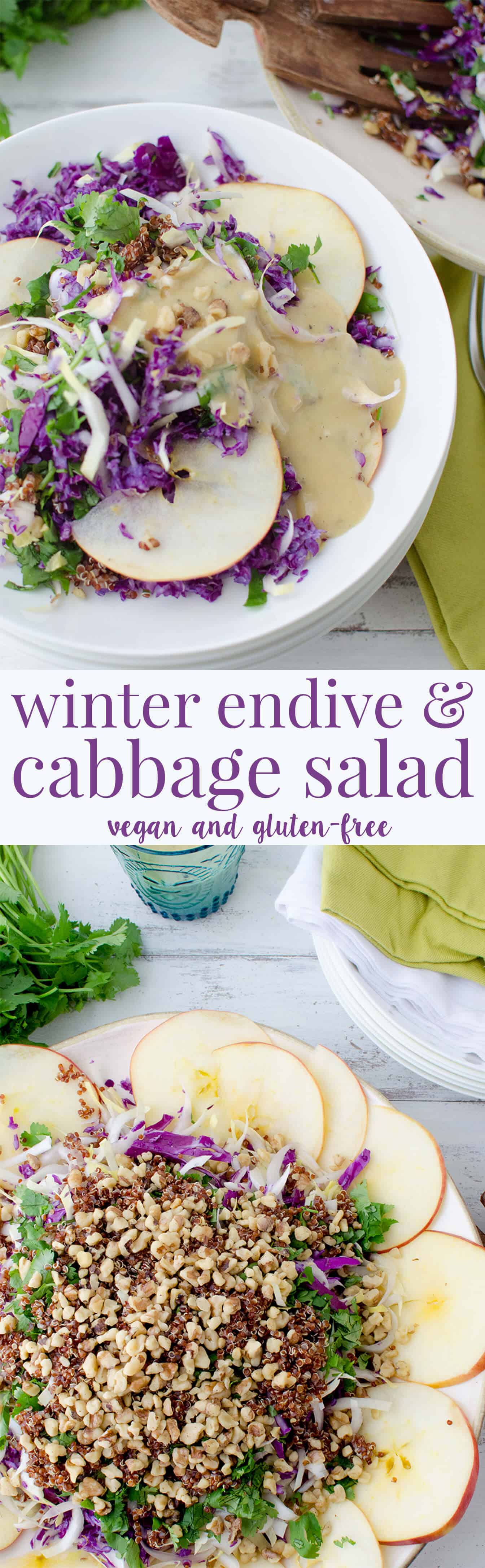 Winter Slaw! So, so good! Cabbage, Endive, Apples, Parsley, Walnut and Quinoa is a lemony-tahini sauce. Such a healthy side dish or main. 