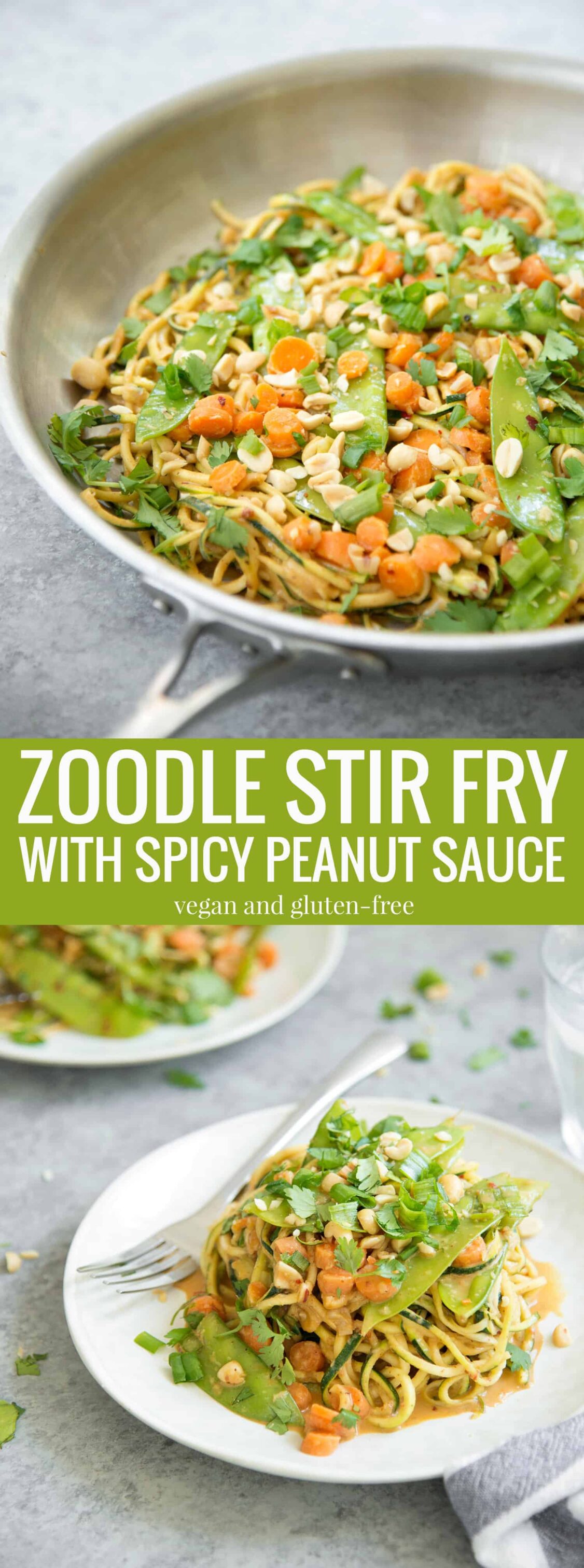 Zoodle Stir Fry with Spicy Peanut Sauce! You've gotta try this one-skillet meal, vegan and gluten-free. Spiralized zucchini, snow peas, carrots and herbs in a spicy peanut sauce. Enjoy as is or add your favorite protein. | www.delishknowledge.com